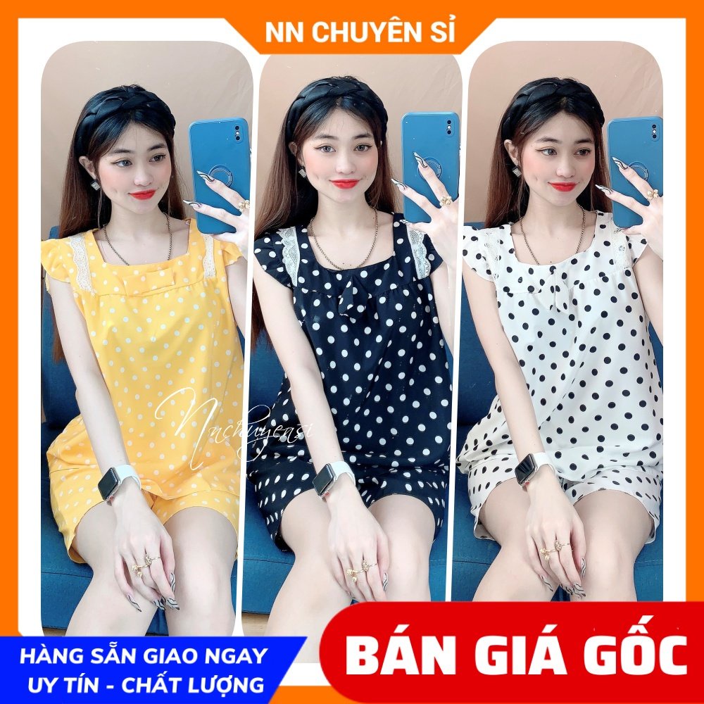Đồ bộ nữ mặc nhà chất kate mềm mát in chấm bi phối ren dễ thương BKT244