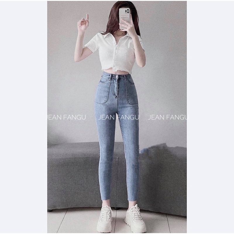 Quần jean skinny túi trước vuông phong cách Hàn Quốc , quần bò ôm giãn cạp cao hách dáng chất đẹp by Jean Fangu Cao Cấp