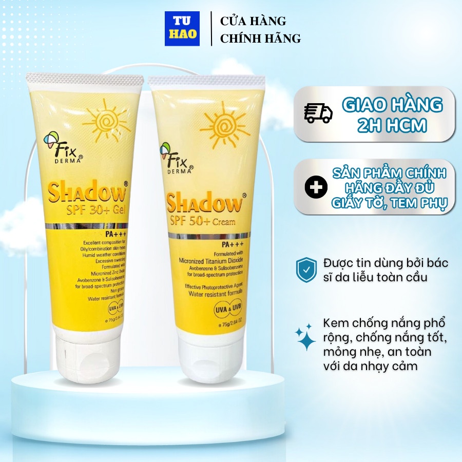 [Mã FMCGMALL -8% đơn 250K] Kem chống nắng Fixderma Shadow SPF50+/SPF30+ Cream cho mặt và toàn thân 75G - Từ Hảo