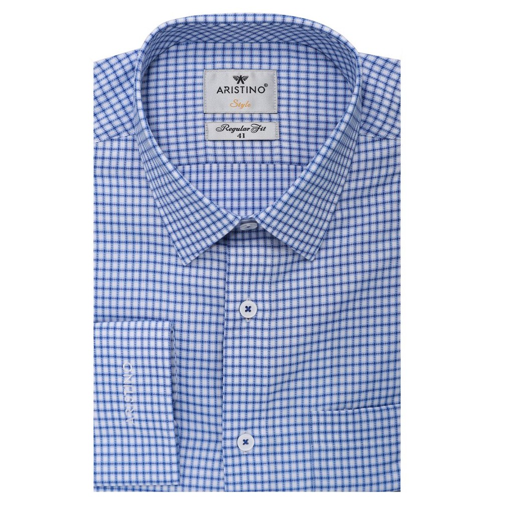 ALS01908 áo sơ mi dài tay Aristino màu xanh dệt kẻ nhỏ, modal, có túi, dáng reguler fit