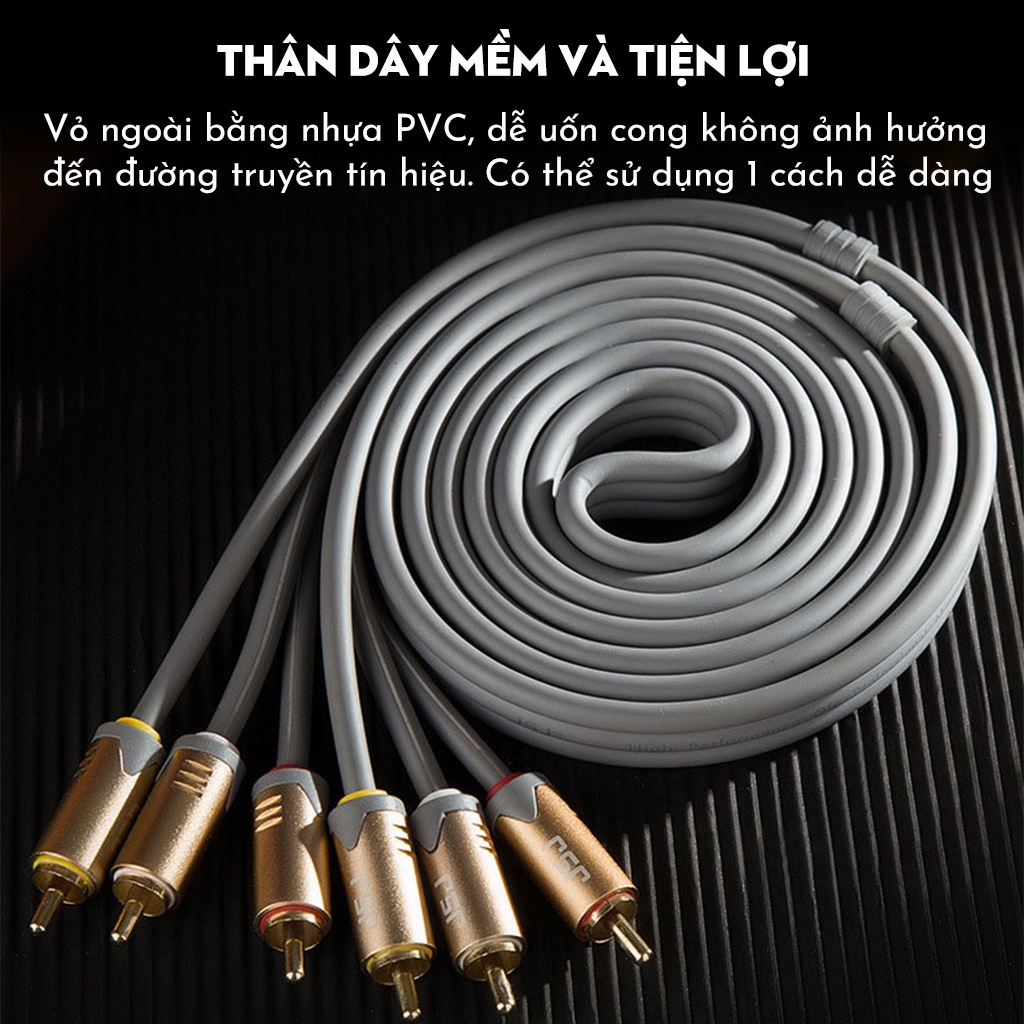 Dây tín hiệu 6 đầu hoa sen đầu av JSJ 6432 dài 1.8m đến 5m co giãn tốt đầu cắm gia công mạ vàng tín hiệu âm thanh hay