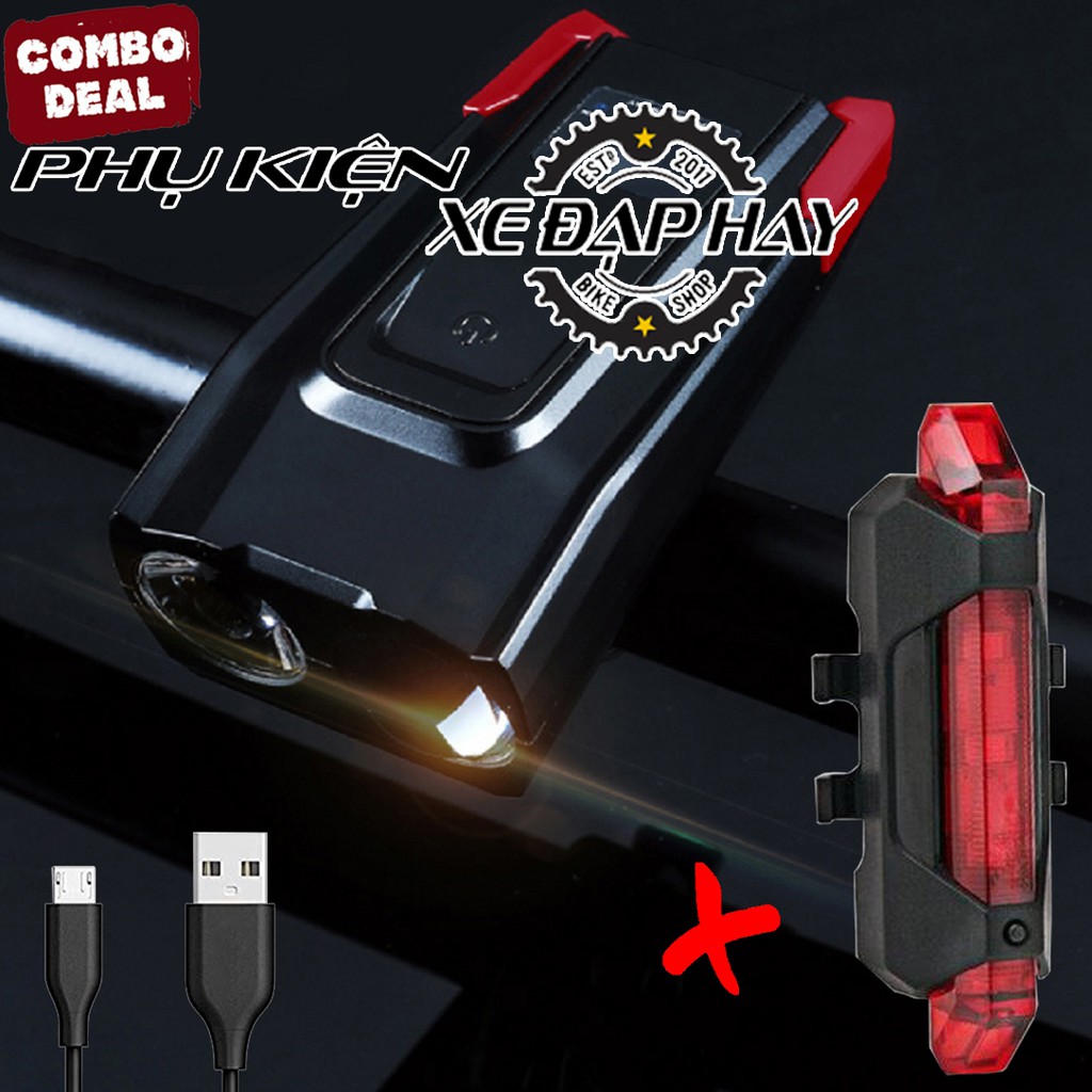 [COMBO Phụ Kiện Xe Đạp] Đèn Xe Đạp Có Còi BK1718 Và Đèn Hậu BS216 | Sạc Pin USB, Chống Nước Mưa