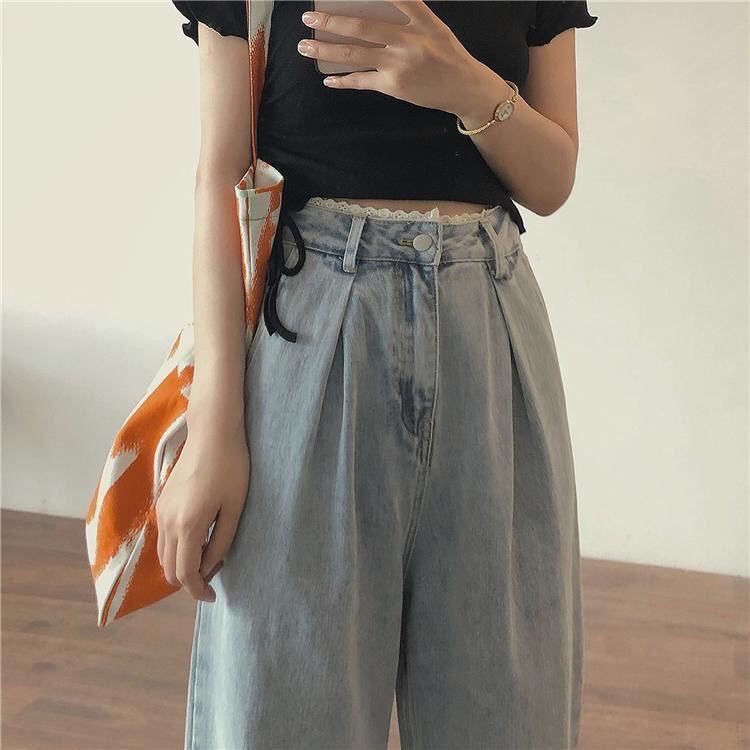 Quần jeans suông nữ ulzzang lưng viền ren siêu hot có ảnh thật feedback siêu hịn nha
