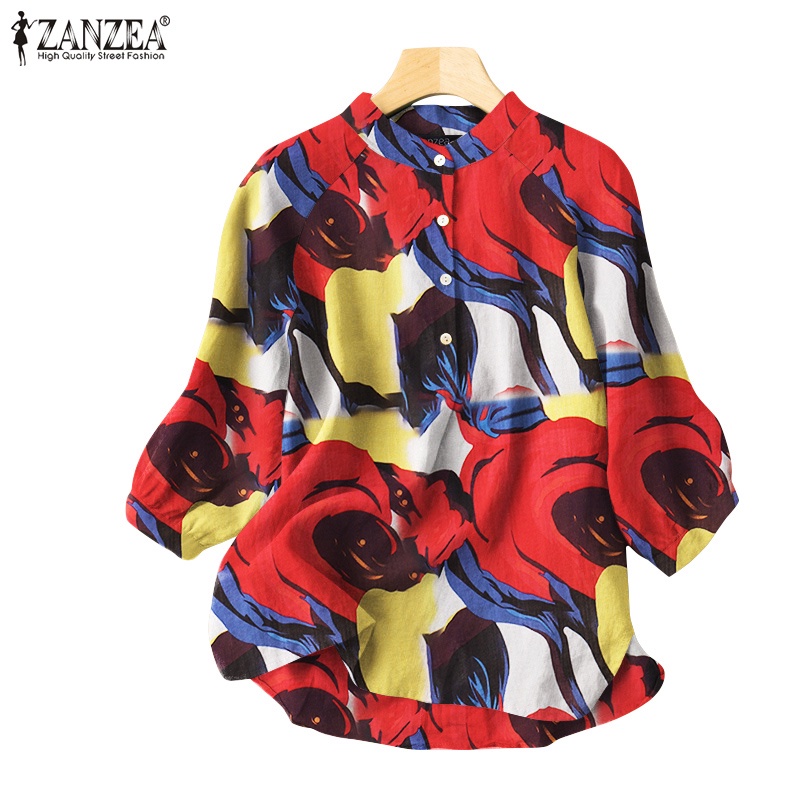 Áo kiểu ZANZEA cổ tròn tay 3/4 in hoạt hình vintage cho nữ
