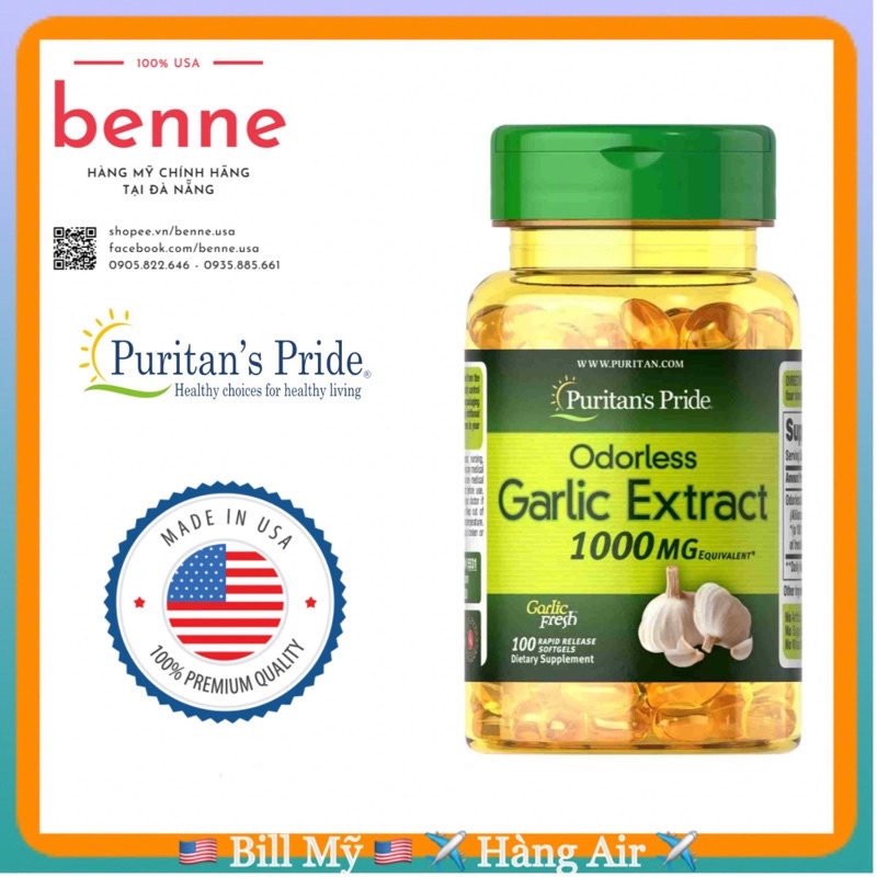 Viên uống tinh dầu tỏi KHÔNG MÙI Puritan’s Pride Odorless Garlic Extract 1000mg (100 viên) của Mỹ
