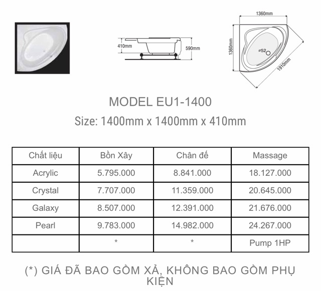 BỒN TẮM GÓC EUROCA  - MODEL EU1 - 1400 - BẢO HÀNH 3 NĂM