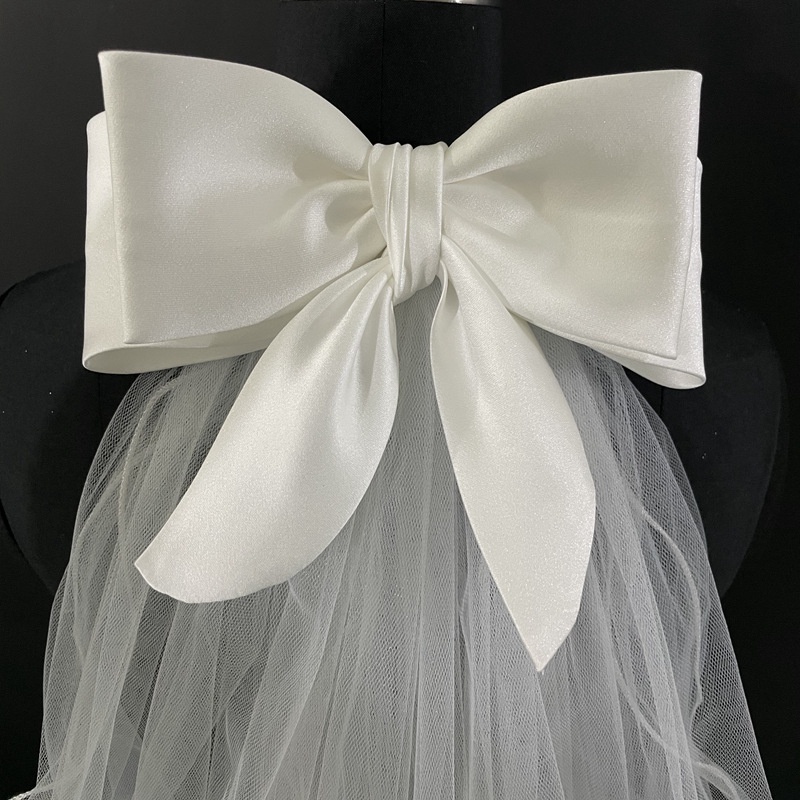 Mạng Che Mặt Vải Satin Đính Nơ 55cm Cho Cô Dâu Chụp Hình