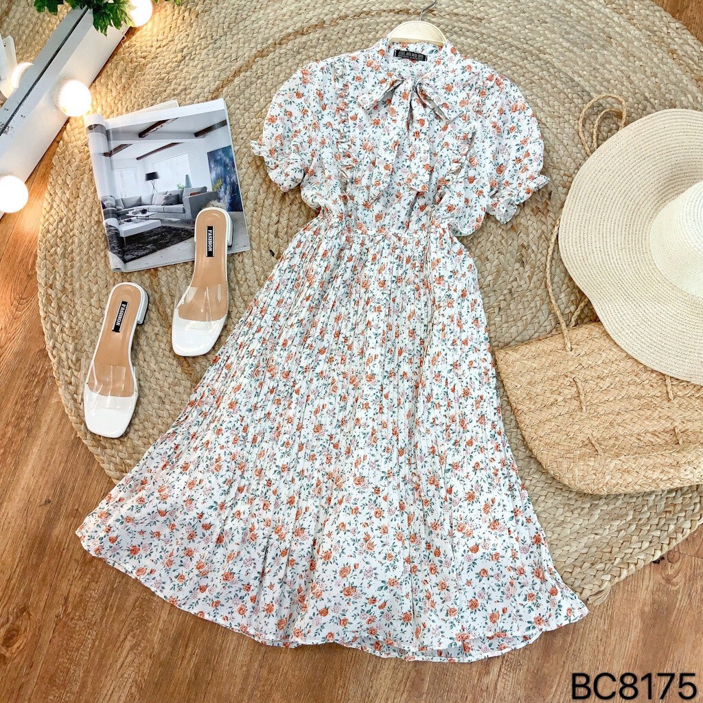 Đầm Maxi hoa, xếp li cách điệu, phối cổ nơ xinh xắn, vô cùng nữ tính VINTAGE STORE