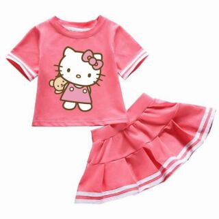 Set áo kèm chân váy xếp li Mèo Kity cho bé gái