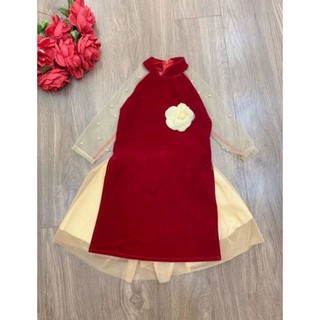 Áo dài nhung tay ren đính ngọc cho bé gái