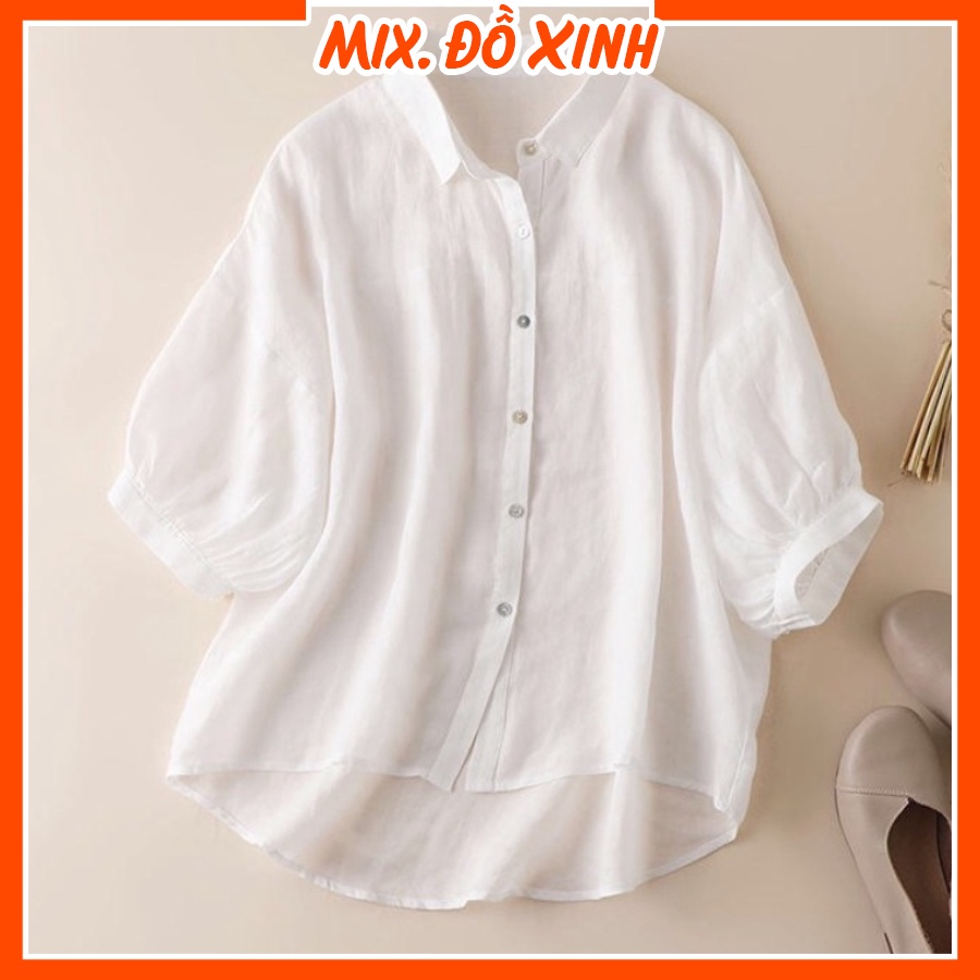 Áo sơ mi đũi nữ tay lỡ cổ đức form rộng bigsize Thu Hà chất liệu vải mềm mát SMH.38