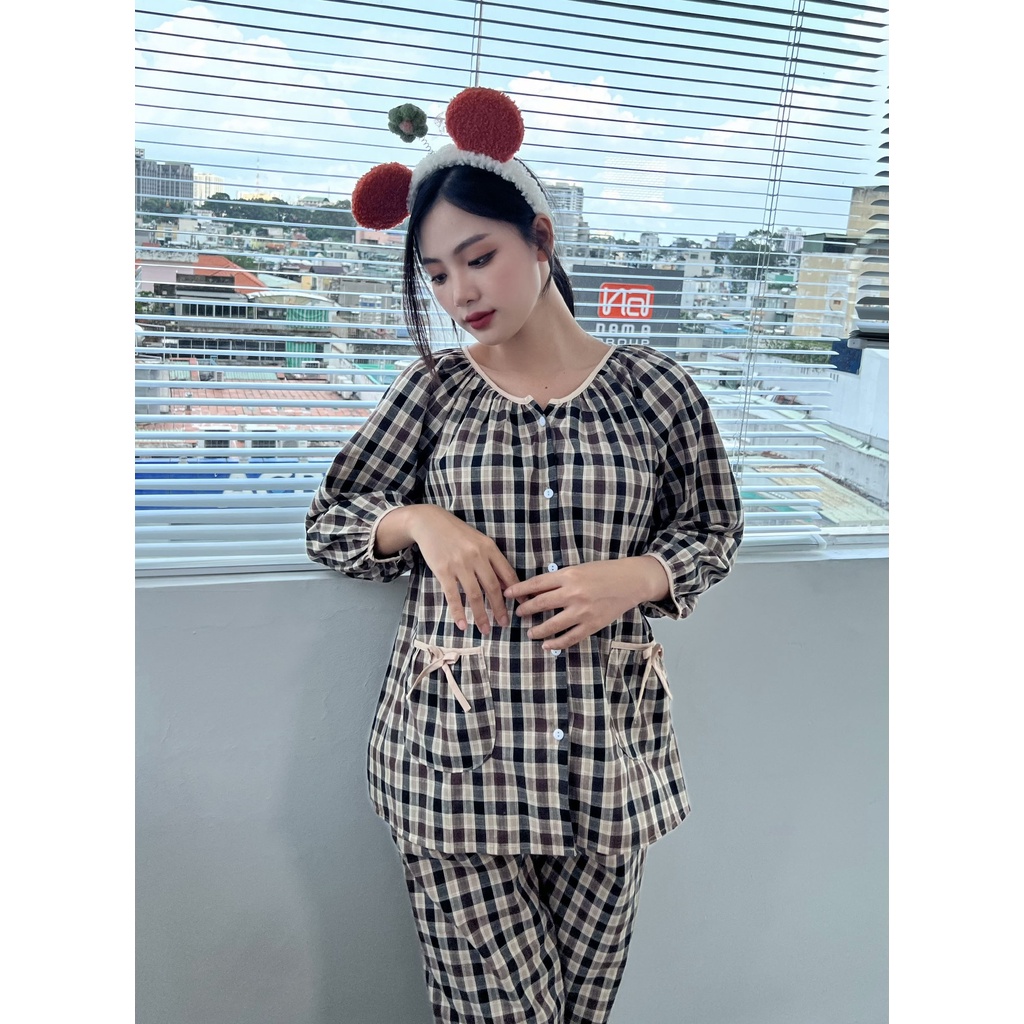 Bộ bầu mặc nhà kết hợp sau sinh karo trẻ trung