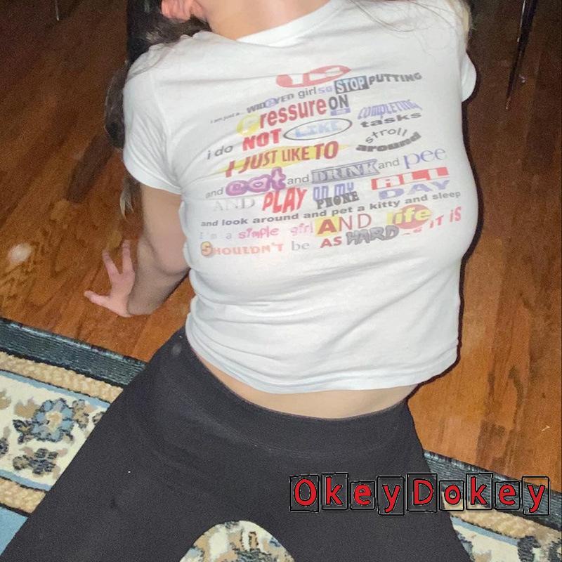 Áo Thun Crop Top Tay Ngắn Cổ Tròn In Chữ Y2k Thời Trang Cho Nữ