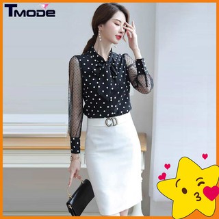 Áo sơ mi chấm bi nơ cổ phối tay lưới mềm sang trọng - tp1828