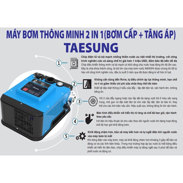 Bơm nước thông minh không tiếng ồn 500W 2 in 1 TEASUNG TS-500, chuyên sử dụng cho hộ gia đình, phòng bếp, máy giặt,...