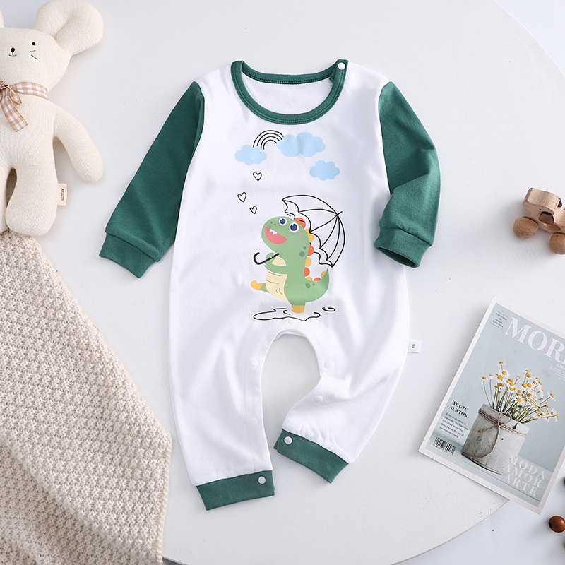 Bộ Đồ Ngủ Liền Thân Bằng Cotton Tay Dài Kẻ Sọc In Họa Tiết Hoạt Hình Cho Bé Trai Bé Gái 0-24 Tháng Tuổi