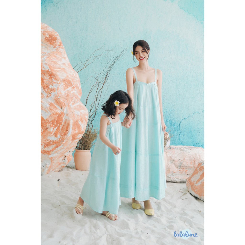 Đầm lụa 2 dây xanh mint loly dress lalalune cho mẹ và bé 3-7 tuổi