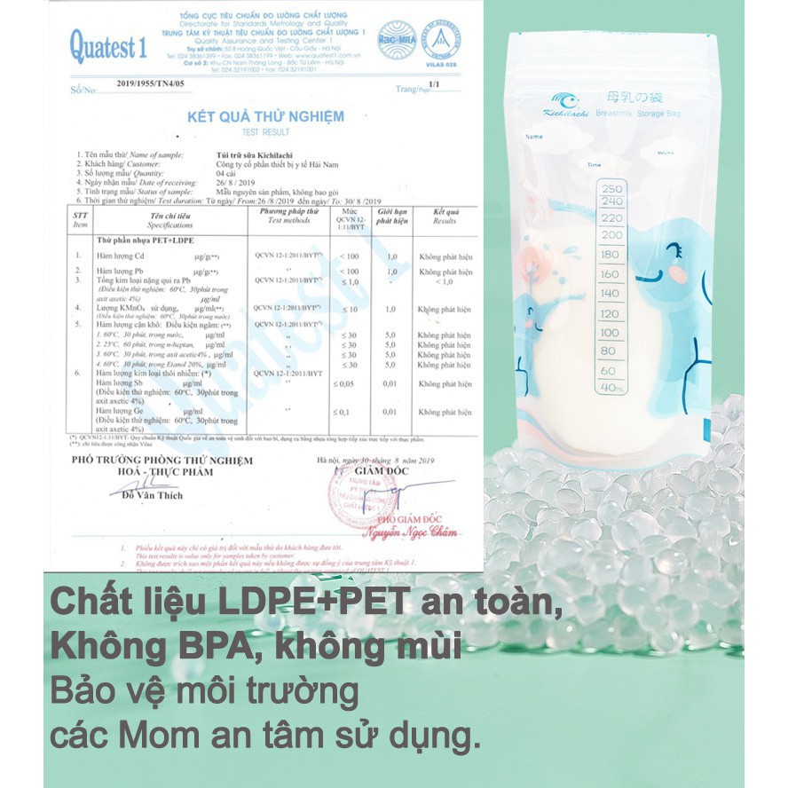 Hộp 50 túi trữ sữa 250ml không BPA, không mùi & 2 khóa zip an toàn cho Bé KICHI KICHILACHI