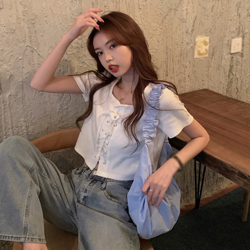 Áo Thun Croptop Dệt Kim Tay Ngắn Màu Sắc Đơn Giản Phong Cách Hàn Quốc Cho Nữ