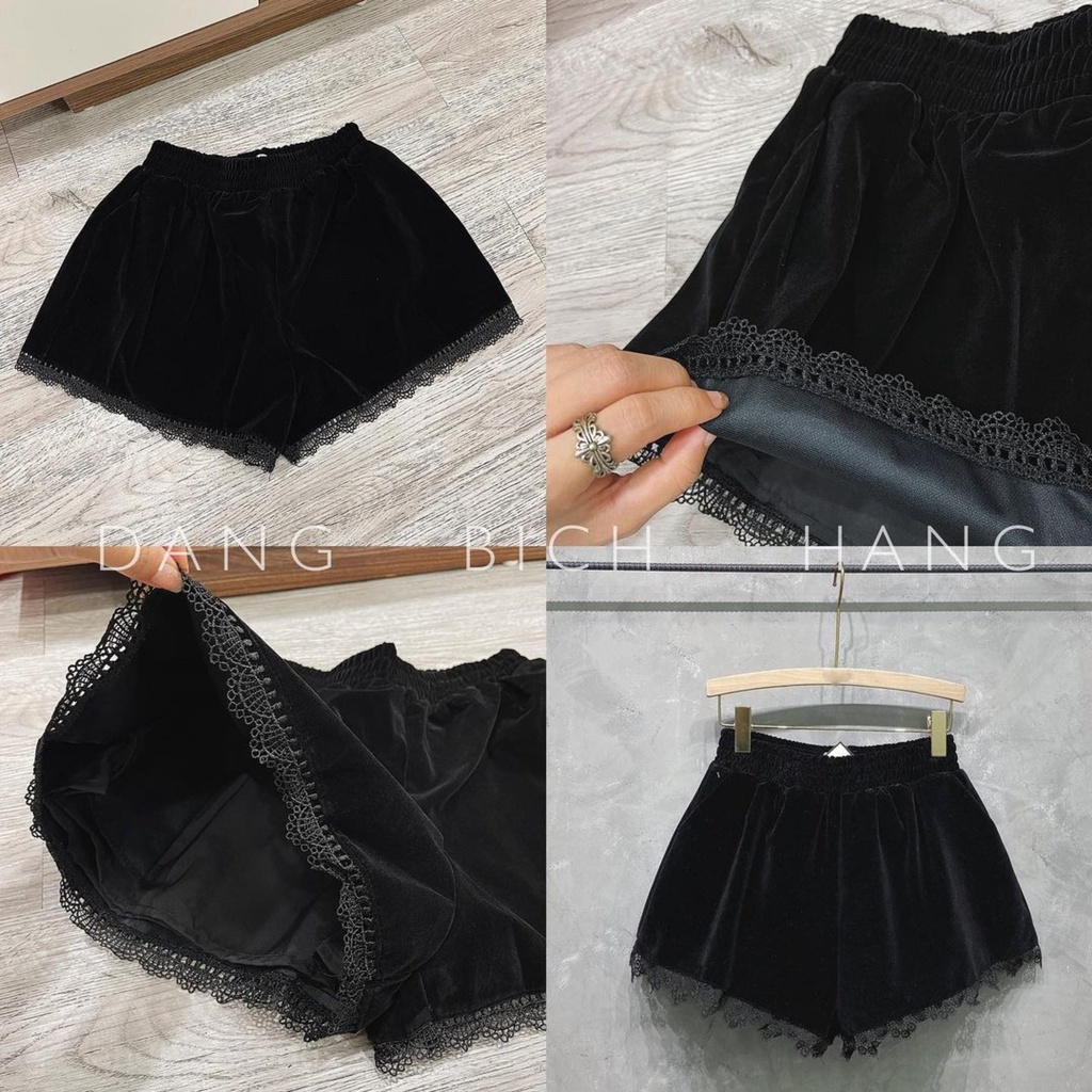 quần short nữ nhung phối ren xinh xắn sooc đùi mềm mịn sang chảnh cao cấp đùi phồng loại đẹp siêu sang cạp chun lưng cao