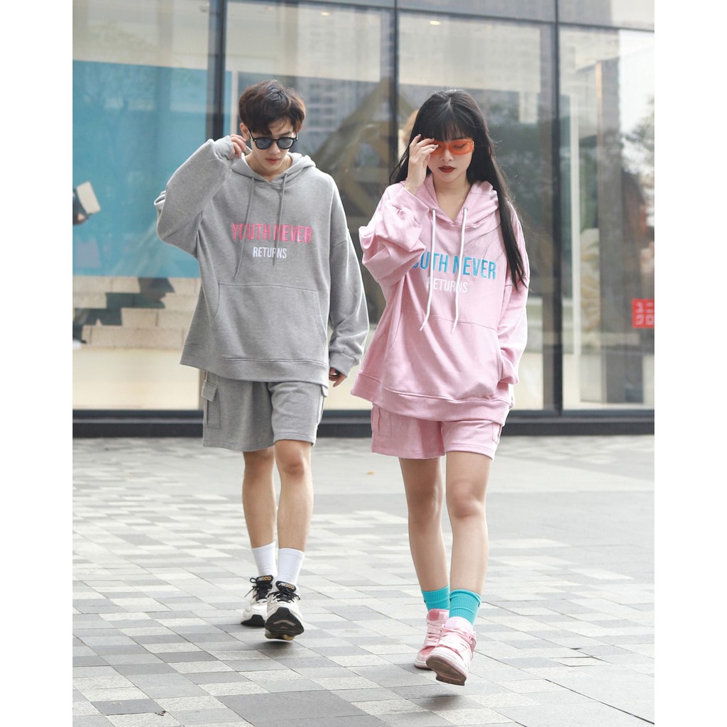 Áo Hoodie Youth Never Returns - Phía Trước Thêu Chữ Tỉ Mỉ - Chất Vải Nỉ Da Cá - Form Oversized Rộng Thoải Mái - Màu Xám