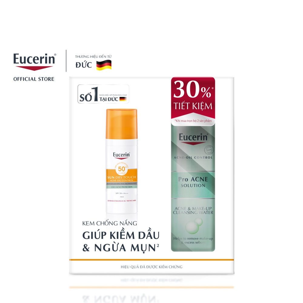 Combo gel chống nắng cho da nhờn mụn Eucerin SPF50+ 50ml kèm nước tẩy trang dành riêng cho da mụn Eucerin ProAcne 200ml