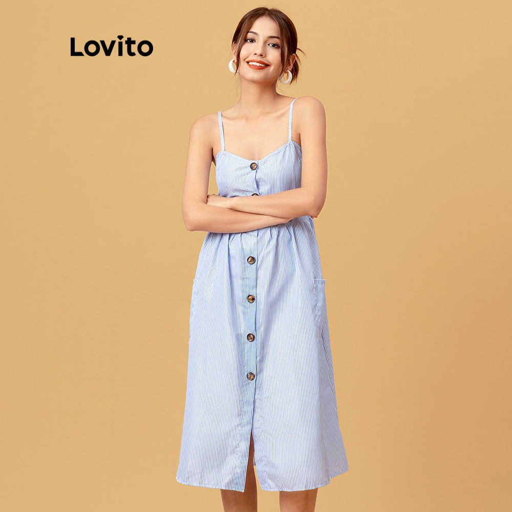 Đầm Lovito họa tiết sọc phối nút gài đơn giản L05162 (Đỏ/Xanh dương) | BigBuy360 - bigbuy360.vn