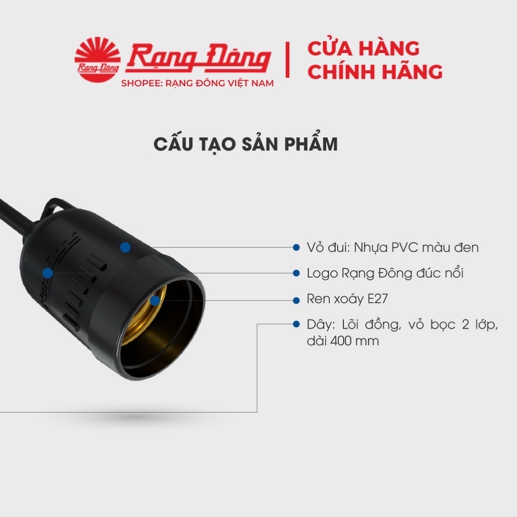 Đui Đèn Chống Nước ngoài trời chính hãng Rạng Đông đui xoáy E27 dây dài 40cm