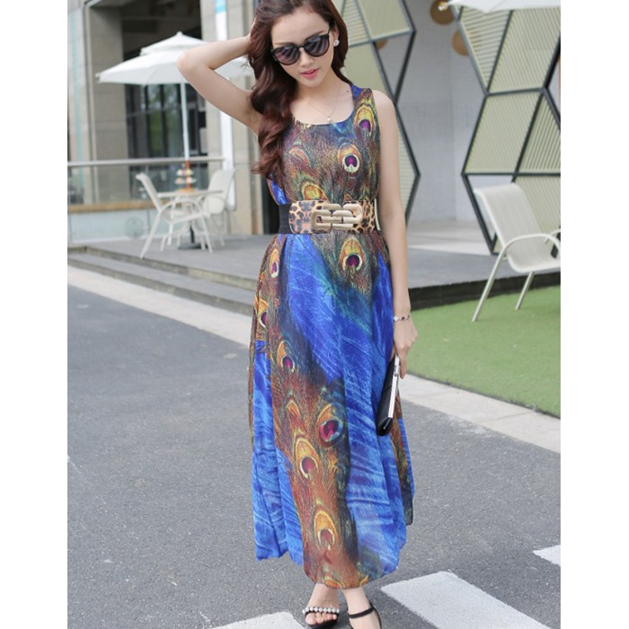 Đầm maxi đi biển ,quà tặng kèm belt, họa tiết chim công, chất vải chinfon mịn rủ mát, mã sản phẩm 01272