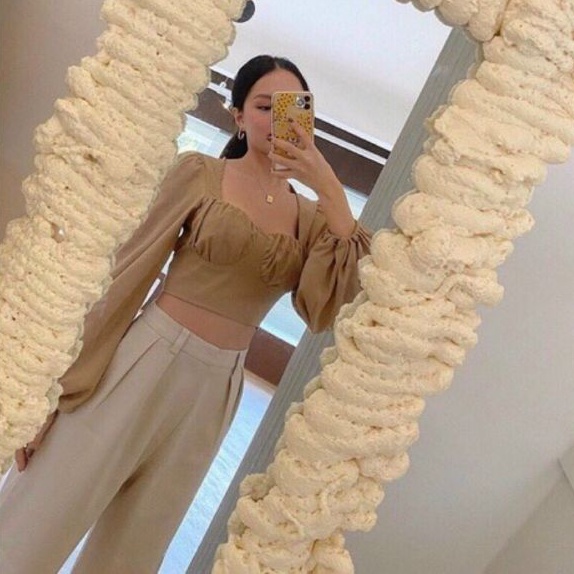 Áo kiểu tay phồng  cổ U cột nơ sau có mod kate lụa cao cấp