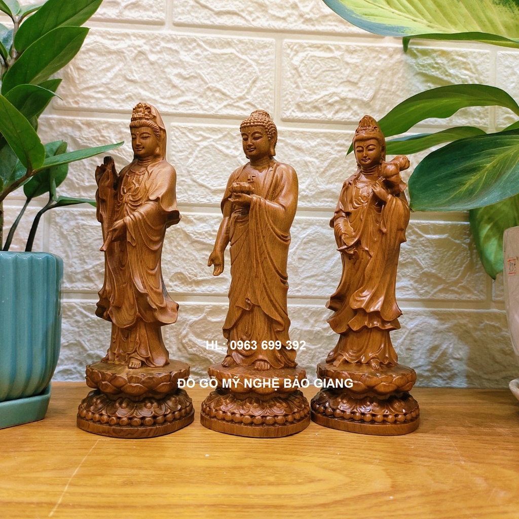 Bộ tượng tây phương tam thánh gỗ thơm cao 20 cm