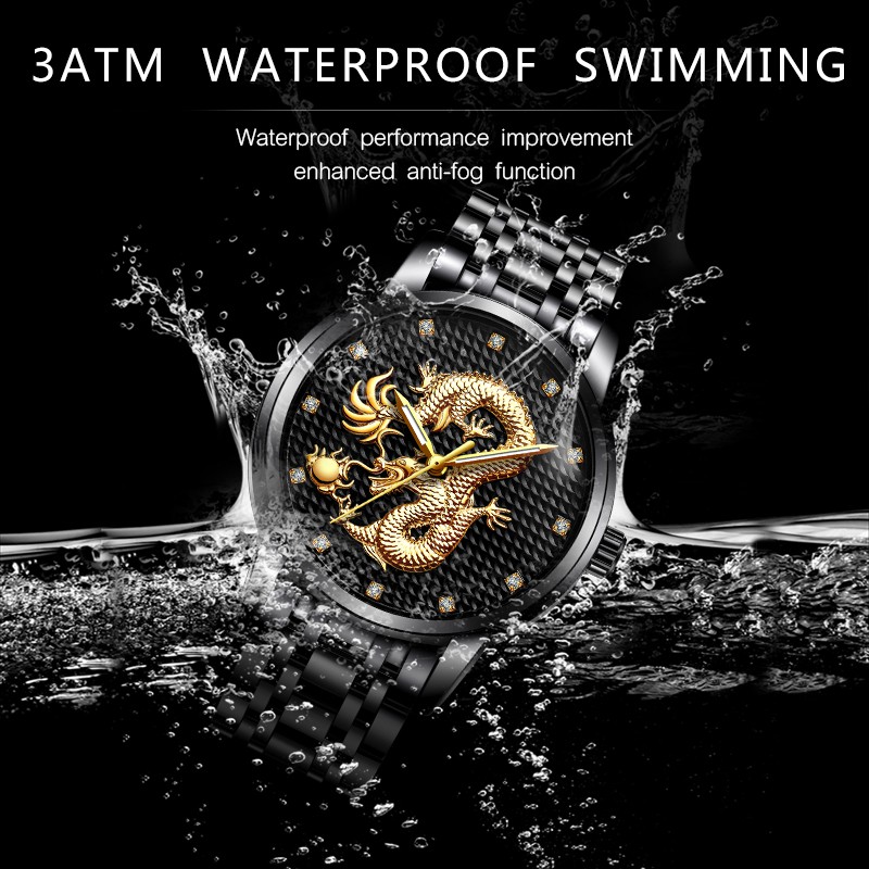 【Official product】WISHDOIT Simple atmosphere watch Waterproof swim watches stainless steel personality casual watch Boutique popular watches Quartz watch fashion trend Young man watch Golden chinese dragon pattern watches