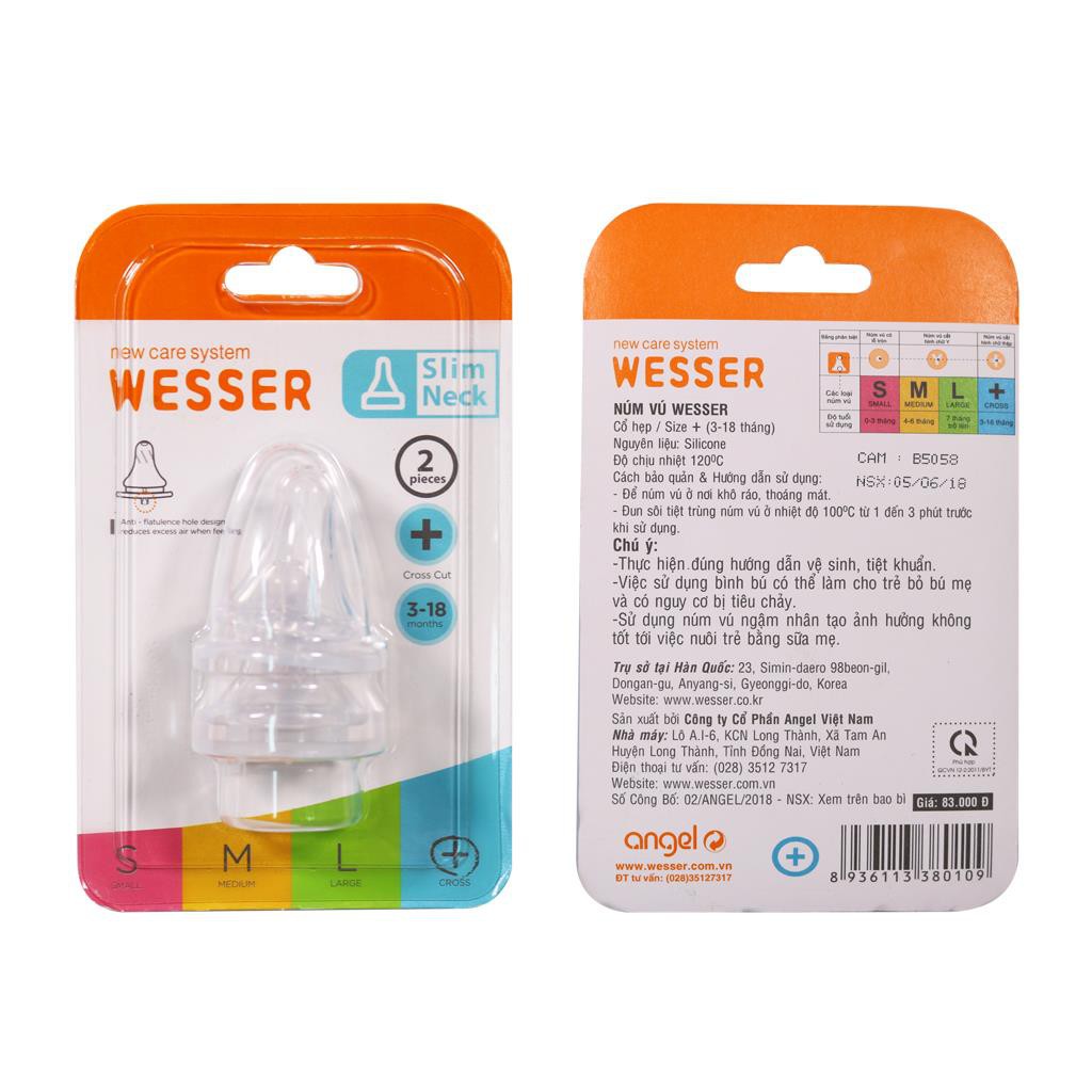 Núm ty / Núm vú Wesser thay bình sữa cổ hẹp (cổ chuẩn) đủ size - 2 cái/vỹ (Thương hiệu Hàn Quốc)