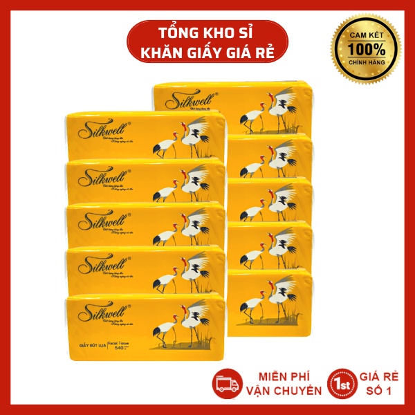 Combo 10 gói Giấy rút Silkwell Sếu 200 tờ 3 lớp hàng cao cấp, khăn giấy rút lụa siêu mềm mịn không tẩy trắng chính hãng