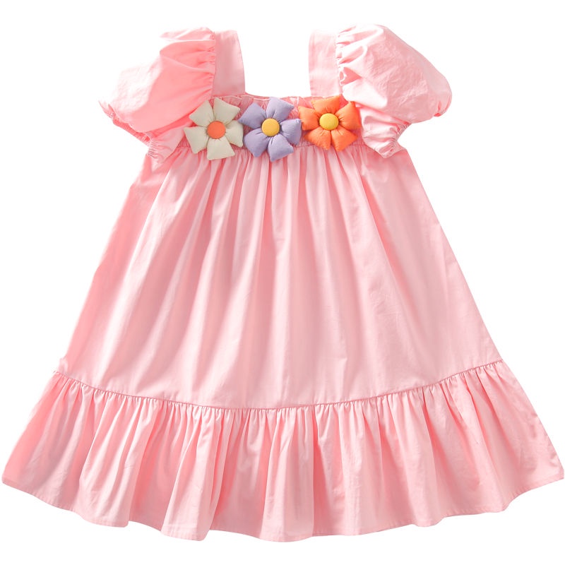 Đầm Công Chúa Cổ Vuông Tay Phồng Chất Liệu Cotton Họa Tiết Hoa Mới Cho Bé Gái