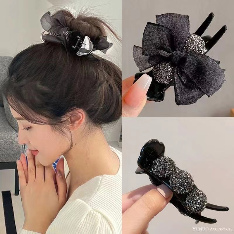 Kẹp Tóc Lưới Màu Đen Đính Nơ Phong Cách Hàn Quốc Cho Nữ