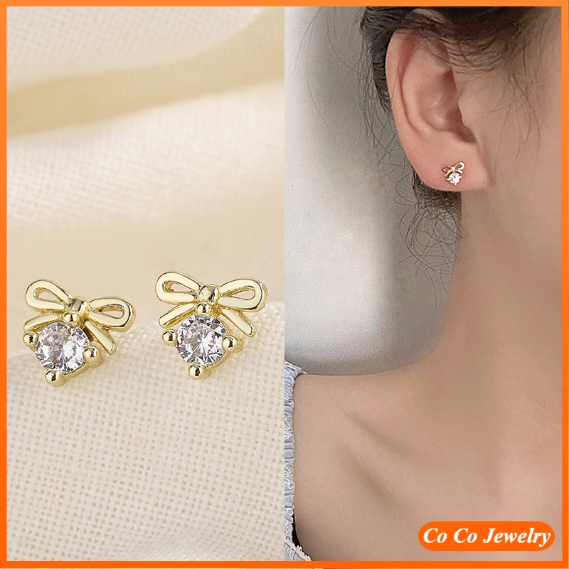 Bông Tai Mạ Bạc 925 Hình Nơ Đính Đá Zircon Phong Cách Hàn Quốc Tinh Tế Cho Nữ
