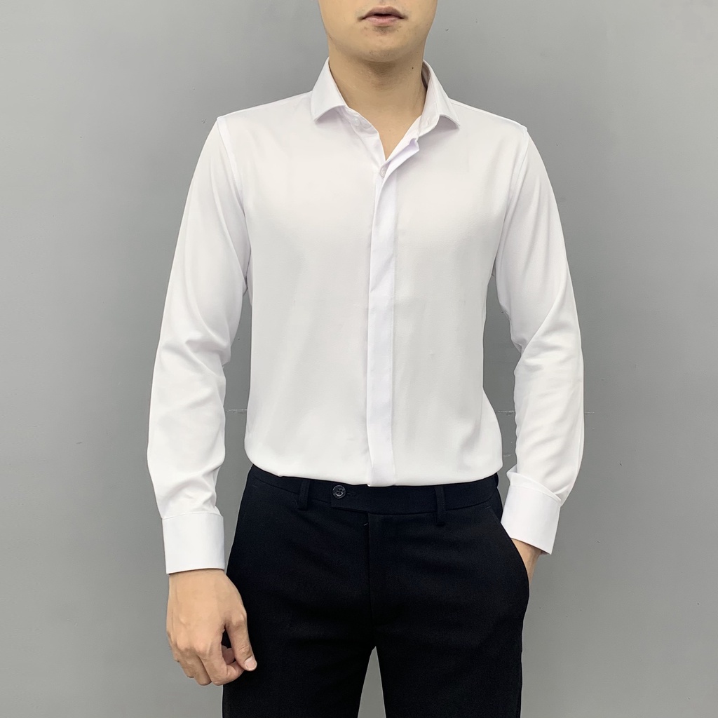 Áo sơ mi nam A25 Menswear dài tay cổ bẻ dáng ôm Hàn Quốc vải lụa thái cao cấp chống nhăn