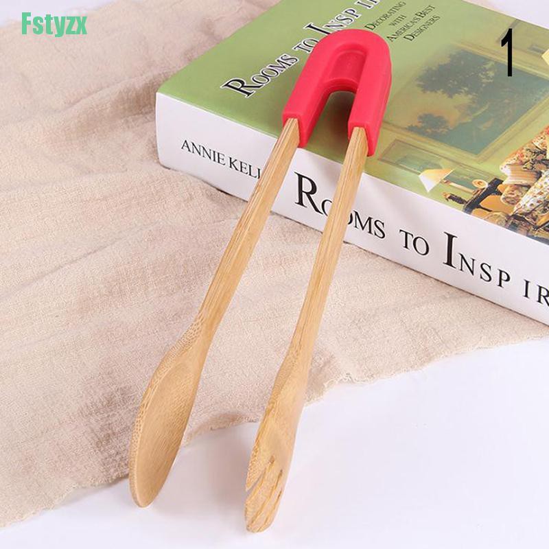 fstyzx Bamboo cooking kitchen tongs BBQ wooden clip salad bread cake bacon steak tools