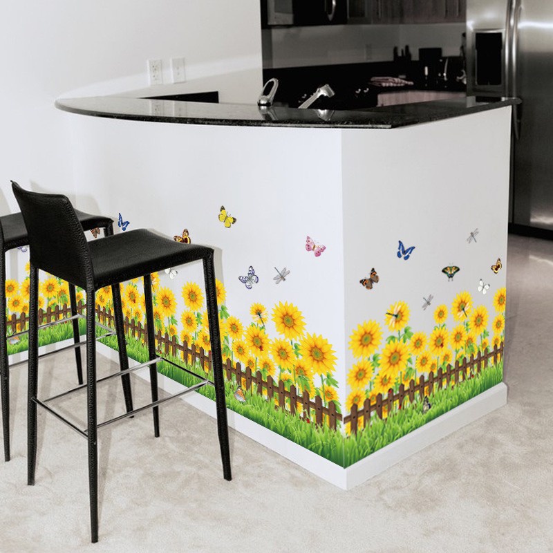 Decal dán tường hàn quốc trang trí phòng ngủ chân tường TUNG DECOR Hoa Hướng Dương & Hàng Rào