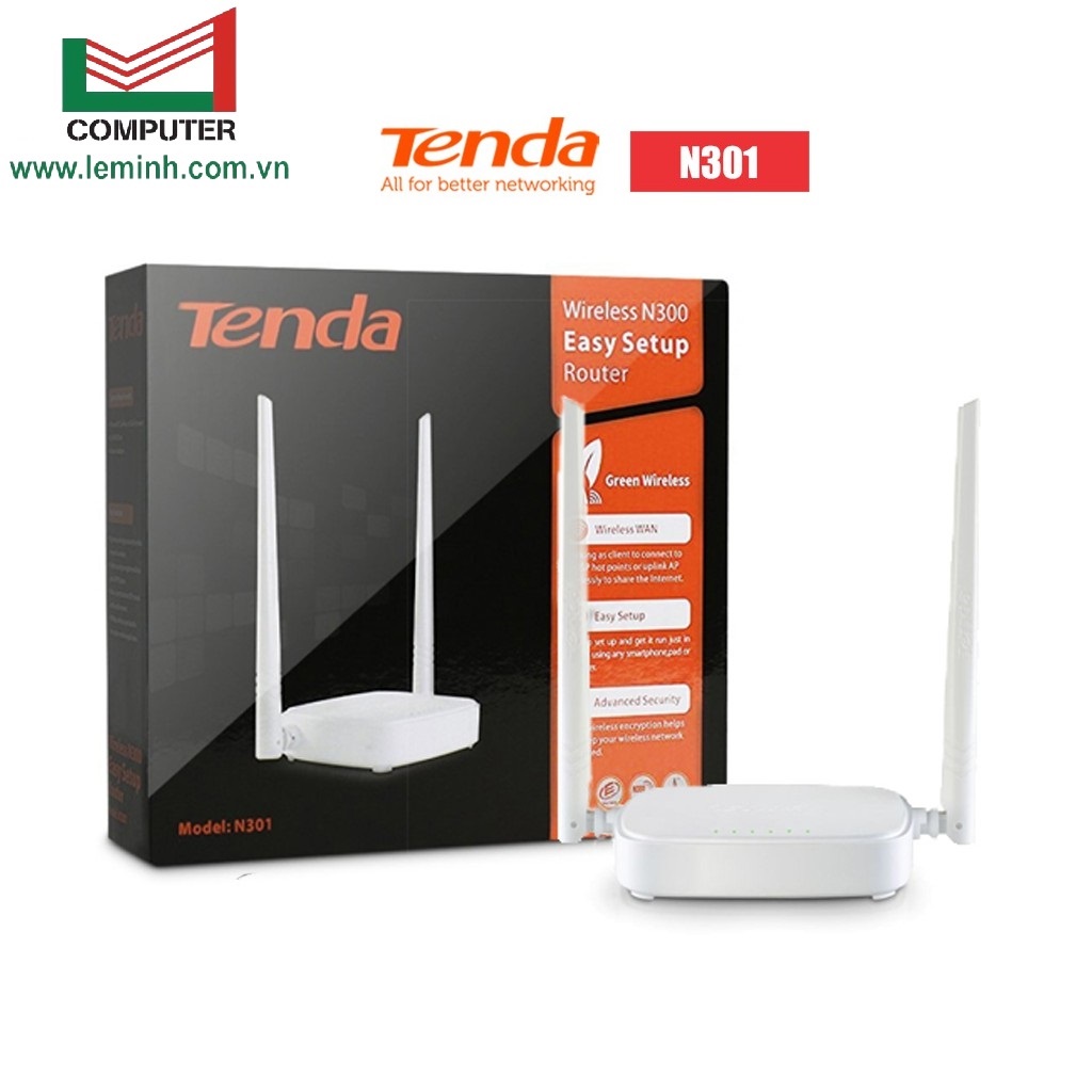 Bộ Phát Wifi Tenda N301 Chính hãng (2 anten, 300Mbps, Repeater, 3 LAN) Router WiFi Băng tần 2.4GHz