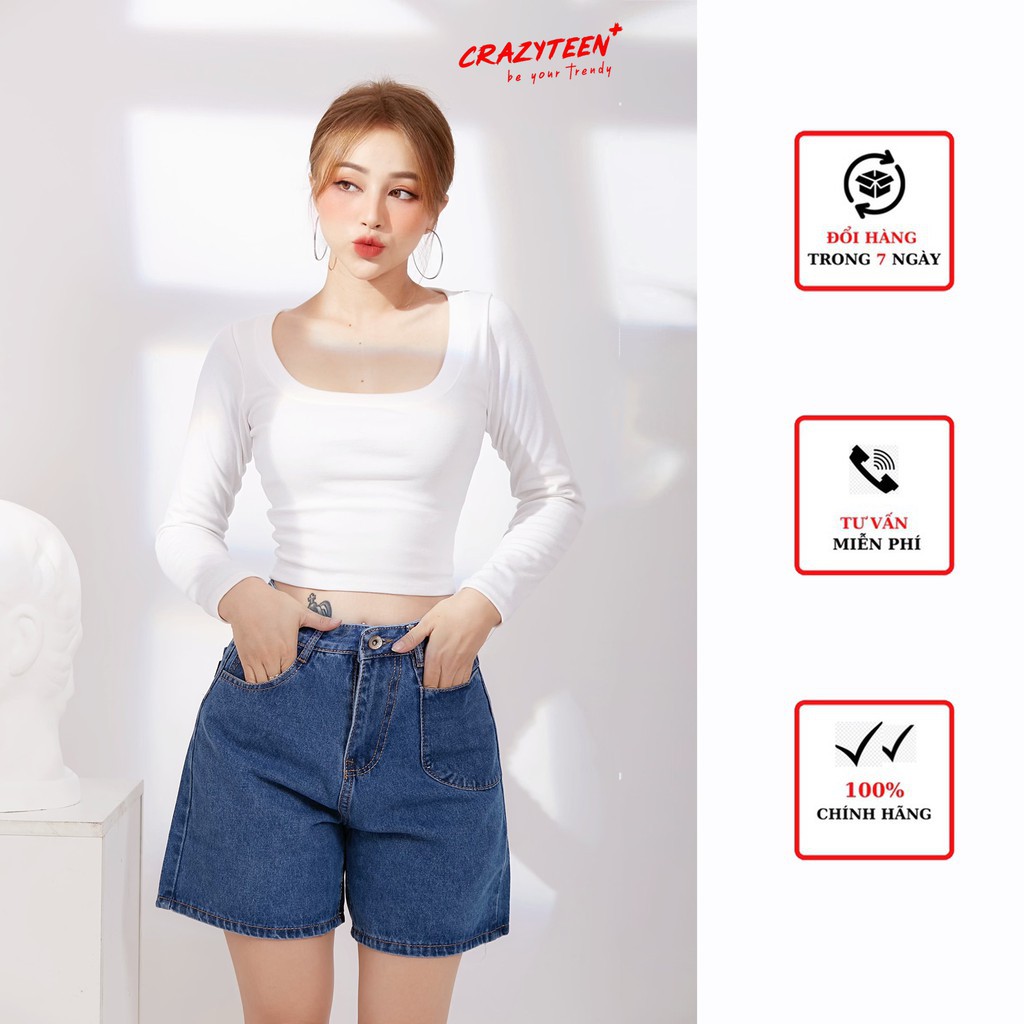 Áo croptop nữ CRAZYTEEN thun cổ thuyền dài tay xỏ ngón AT0096