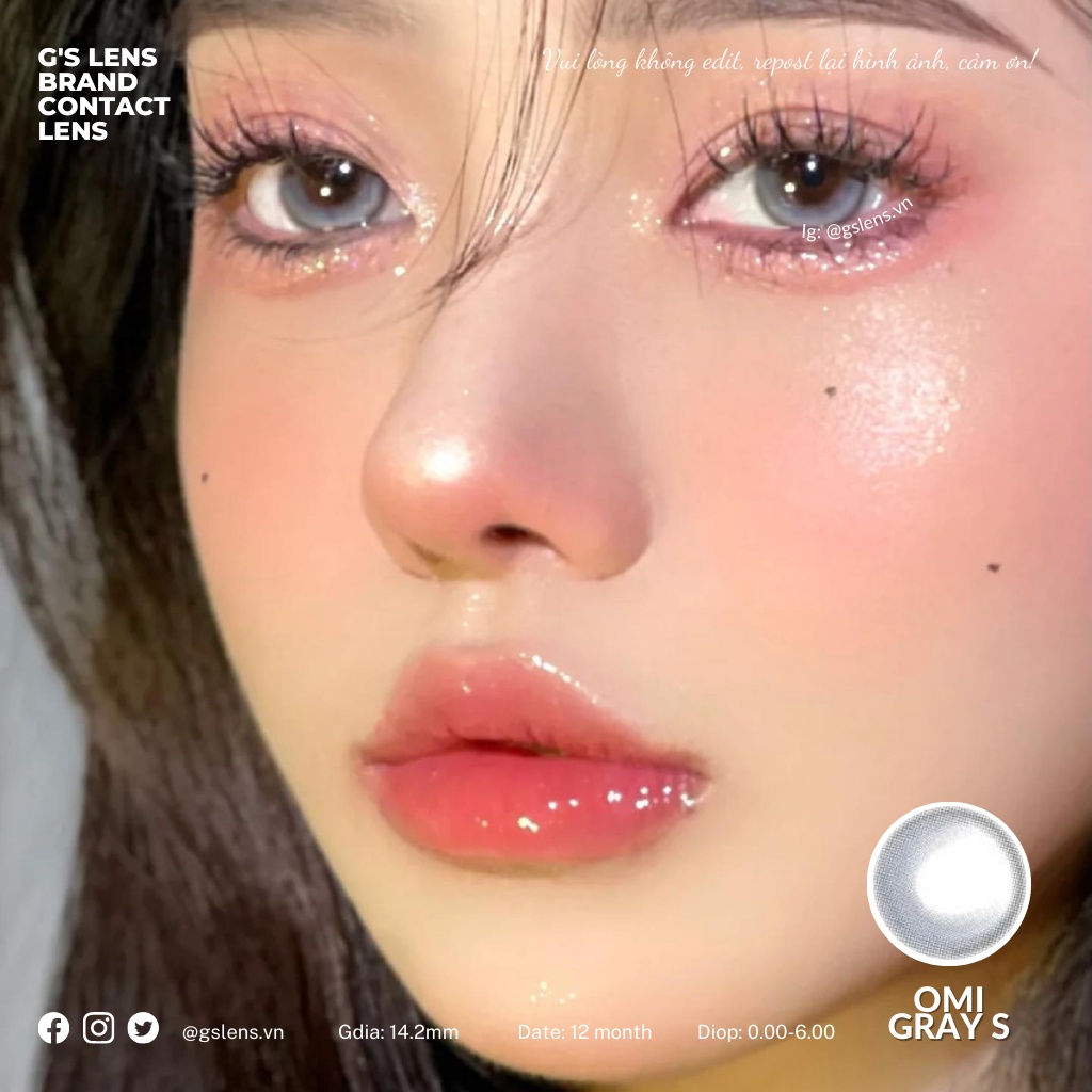 Lens Mắt Kính Áp Tròng Trăng Khuyết Xám OMI Gray Giãn Ít Có Từ 0 Đến 6 Độ Lệch Độ Size S 14.2mm
