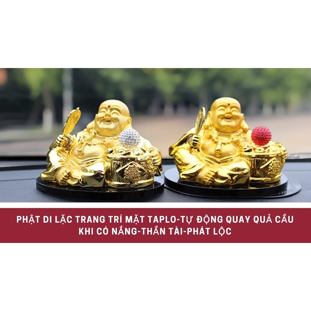 Tượng phật Di Lặc cầm quạt quả cầu xoay bằng năng lượng mặt trời trang trí taplo xe hơi, bàn làm việc, ban thờ