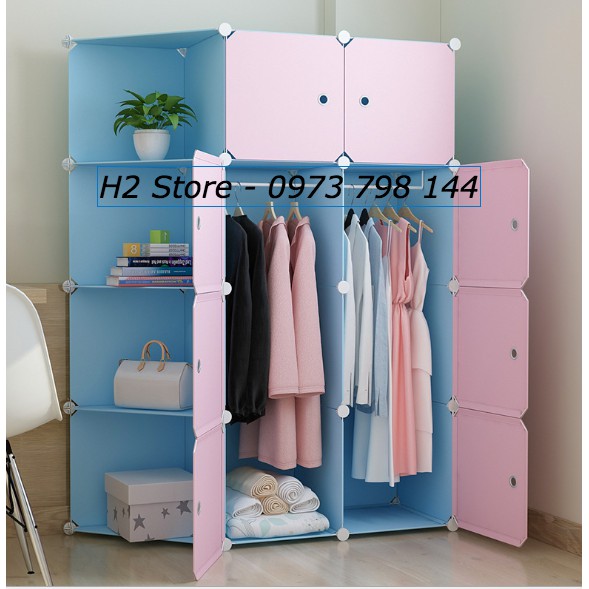 [RẺ NHẤT SHOPEE] TỦ NHỰA LẮP GHÉP 12 Ô (GỒM 4 KỆ) XANH NHẠT CỬA HỒNG NHẠT sâu 47cm