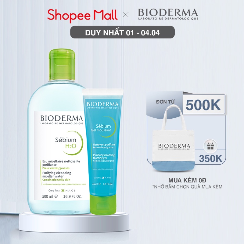 Bộ nước tẩy trang và làm sạch công nghệ Micellar cho da dầu, mụn Bioderma Sebium H2O 500ml và Gel rửa mặt tạo bọt 45ml