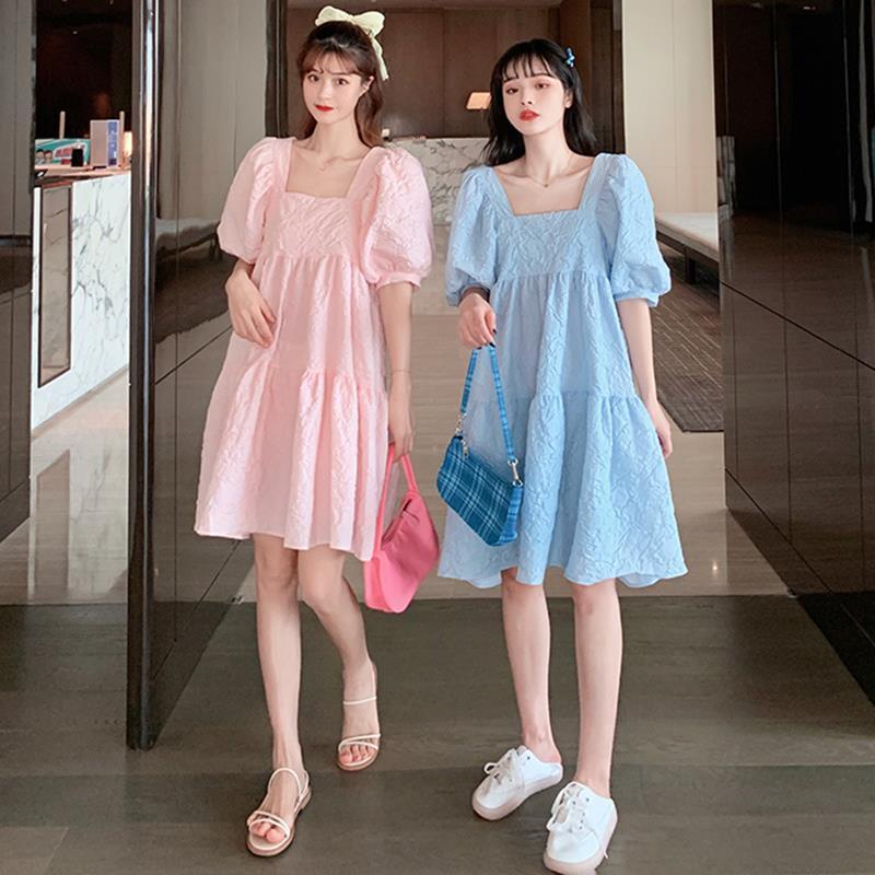 Đầm chữ A tay phồng cổ vuông lưng cao màu đen thanh lịch cho nữ