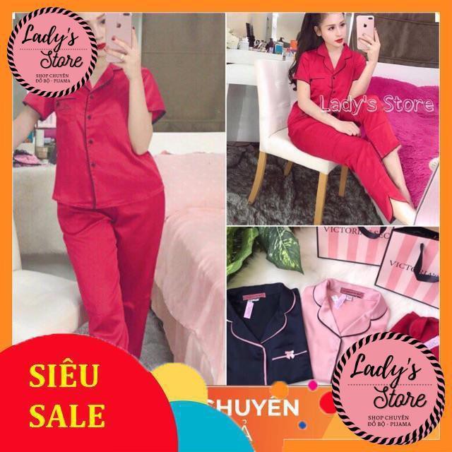 Đồ bộ nữ lụa satin pijama tay ngắn quần dài dễ thương viền đen nơ túi JUSOKA