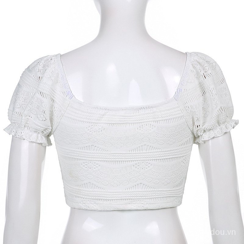 Áo Croptop Tay Ngắn Phối Ren Hoa Thiết Kế Thanh Lịch