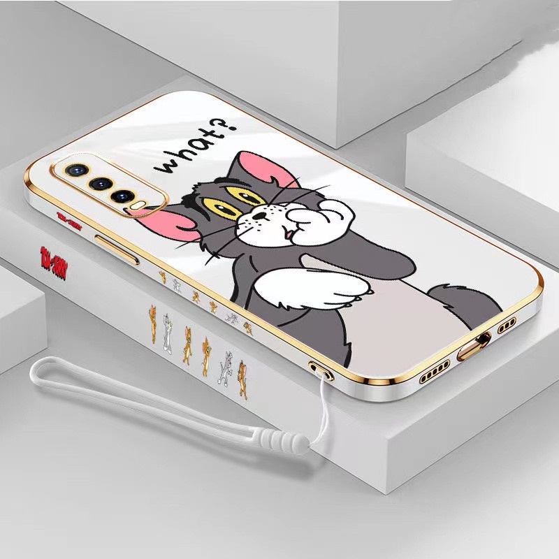 Samsung A50 A30 A20 A30S A50S A12 5G A21S A03S A22 4G A11 M11 M12 A02S A02 A10S M01S M02 M02S Straight Edge 90° Electroplating Cartoon Tom Cat Couple Shockproof Phone Case